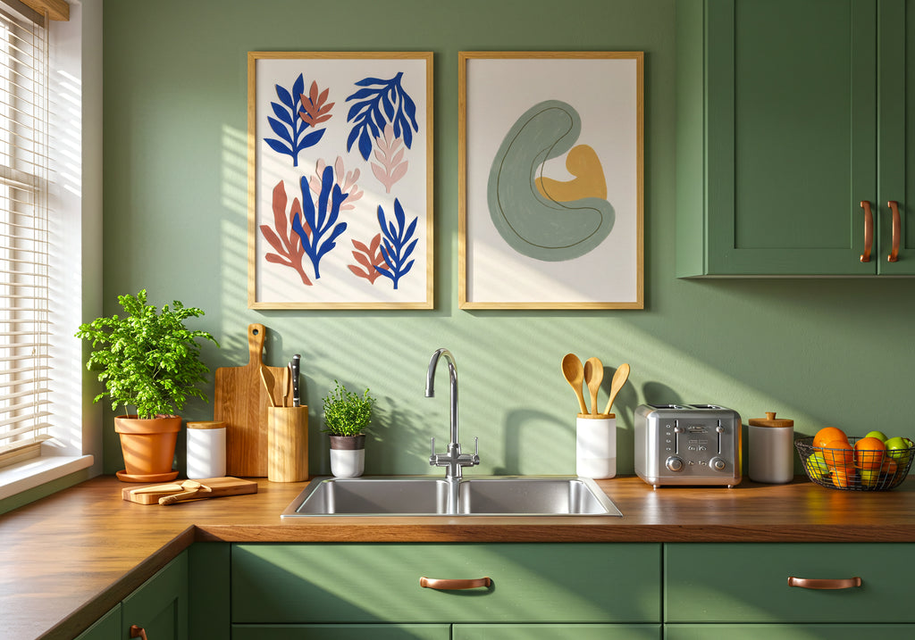 Abstract Embrace Sage Poster – två posters i rum 1