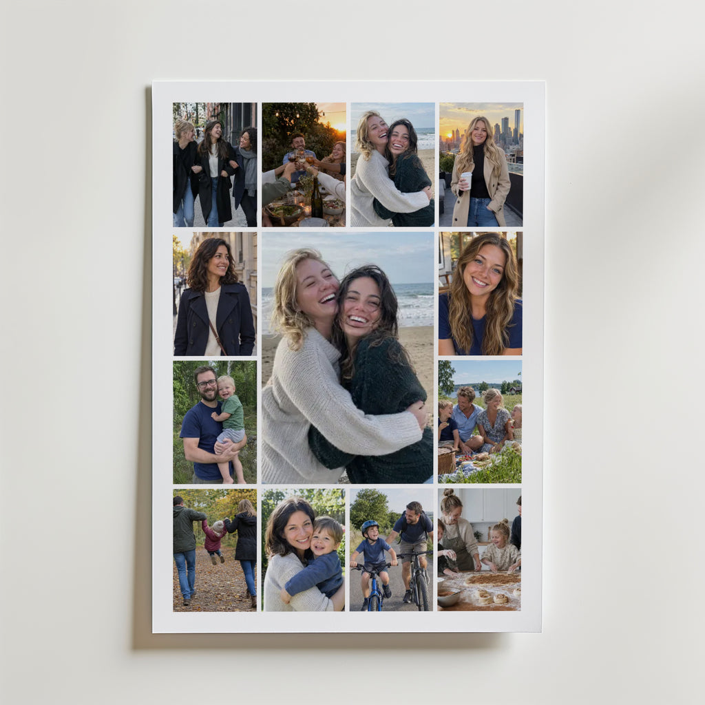 Personligt fotocollage med 13 foton och stor mittbild